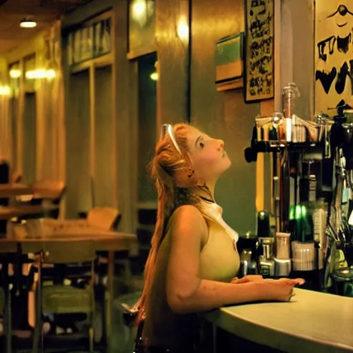 Image similar to a cyborg girl leaning against the counter in a night club staring at the camera, a photograph by Aki Kaurismäki and Christopher Doyle.