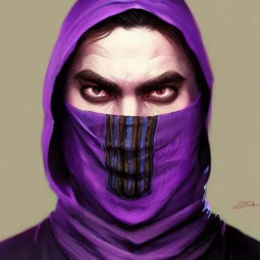 Image similar to ultra realistic illustration, man in a black hood, in a striped purple balaclava, mysterious, highly detailed, digital painting, artstation, concept art, smooth, sharp focus, illustration, art by artgerm and greg rutkowski and alphonse mucha