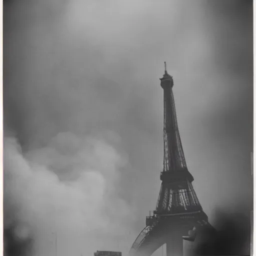 Image similar to extensive smoke rising from the top of the eiffel tower, aerial view, several police cars and crowds running across the ground, polaroid, 6 0's, hyperrealism, no blur, 4 k resolution, ultra detailed