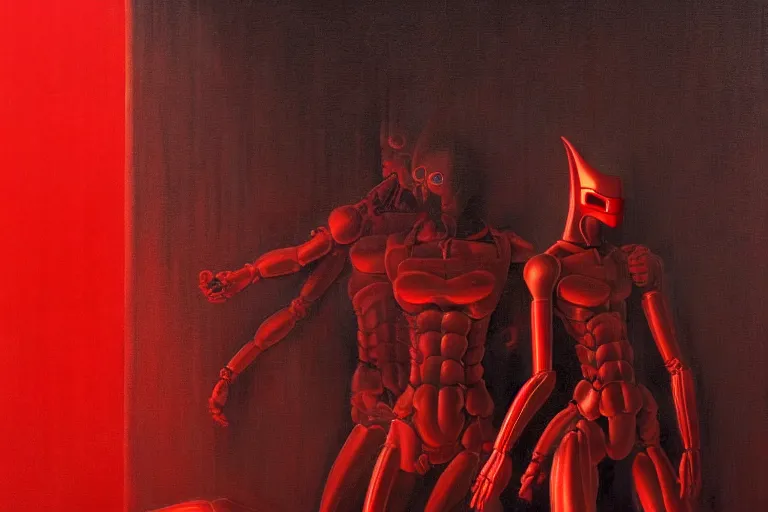 Image similar to only with red, a red samurai humanoid, tokio futuristic in background, some evil yokai, in the style of beksinski, parts by edward hopper, parts by rodcenko, parts by yue minjun, intricate and epic composition, red by caravaggio, insanely quality, highly detailed, masterpiece, red light, artstation, 4 k