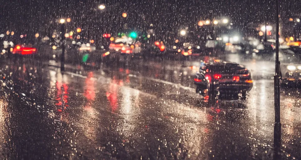 Prompt: professional photograph of a massive traffic jam in the rain, reflective streets, bokeh, award winning, unsplash,