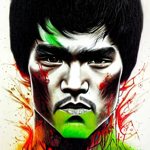 Image similar to a demon slayer portrait of bruce lee, tall, pale - skinned, and slender with lime green eyes and long eyelashes by stanley artgerm, tom bagshaw, arthur adams, carne griffiths, trending on deviant art, street art, face enhance, chillwave, maximalist, full of color, glittering