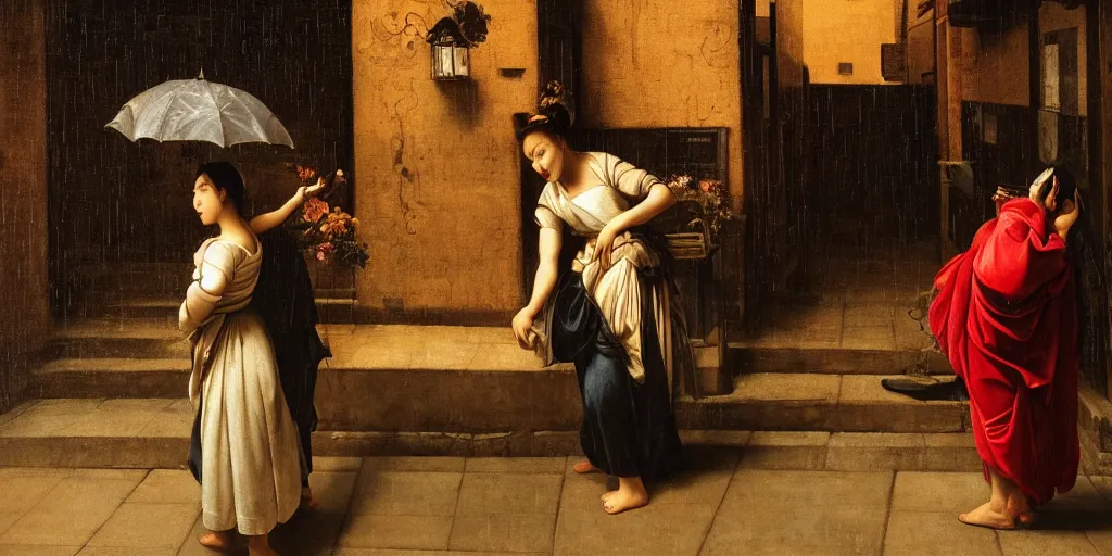 Image similar to beautiful oil matte portrait painting, man offering a flower to a woman in a tokyo alley at night, raining, wonderful masterpiece highly detailed, beautiful cinematic light deep focus, elegant, digital painting, smooth, sharp focus, golden ratio, dramatic illumination, ultra realistic, 8 k, art by artemisia lomi gentileschi and caravaggio