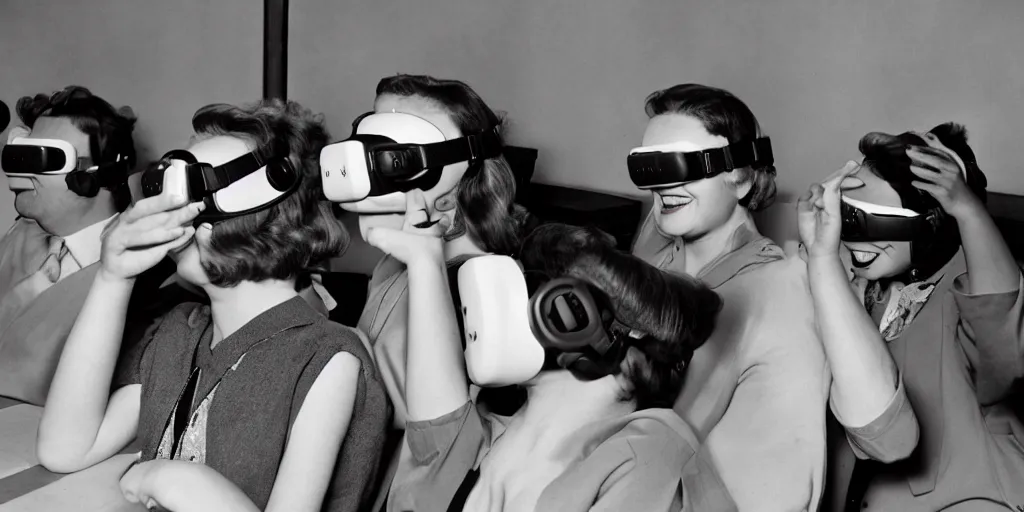 Image similar to people from the 1 9 5 0 s playing with virtual reality goggles, they are in awe, photograph