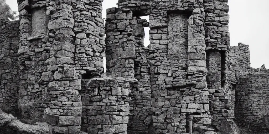 Prompt: long and tall organic stone houses, stone village, jungle, black and white photography, year 1 9 0 0, artstation, digital art