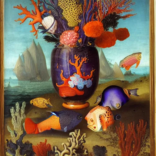 Prompt: bottle vase of coral under the sea decorated with a dense field of stylized scrolls that have opaque outlines enclosing mottled blue washes, with orange shells and purple fishes, Ambrosius Bosschaert the Elder, oil on canvas
