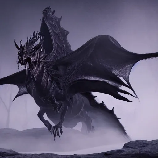 Prompt: a highly detailed horrific shot of a ghostly western dragon that's fading into black fog and deep dark obscure shadow, wings are clouds of darkness, four legs, creating an ominous presence of fear, artstation, deviantart, dark lighting, unreal engine 5 render