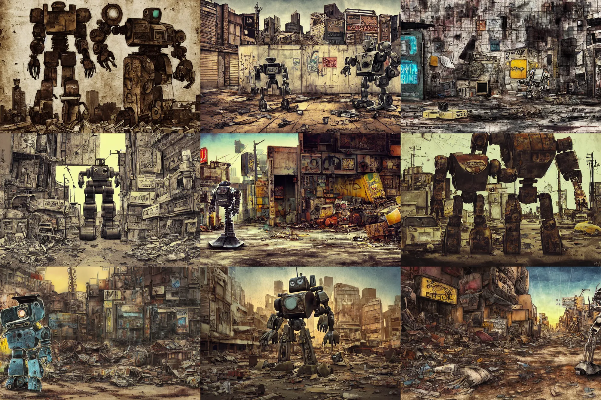 Prompt: artbook artwork, somber, paper texture, movie scene, distant shot of a rusty robot in deserted dusty shinjuku junk town, old pawn shop, bright ground, lurking robot monster in background, dusty, pencil lines, pale yellow sky, graffiti