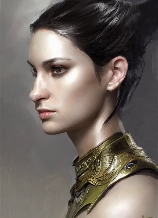 Image similar to a professional painting of a beautiful young female, clothed in military armor, olive skin, long dark hair, beautiful bone structure, symmetrical facial features, intricate, elegant, digital painting, concept art, smooth, sharp focus, illustration, from Metal Gear, by Ruan Jia and Mandy Jurgens and Artgerm and William-Adolphe Bouguerea