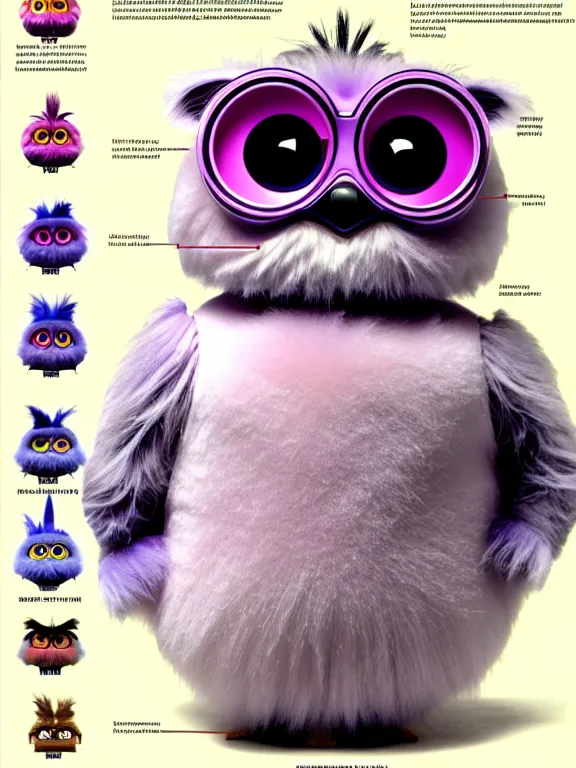 Image similar to a detailed anatomical poster of a furby with labels and magnification details