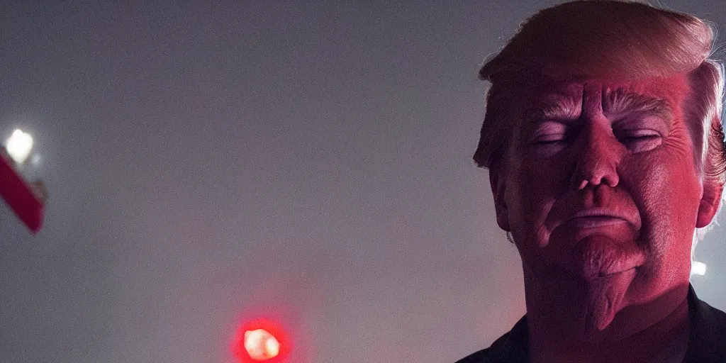 Image similar to movie still of donald trump in mandy ( 2 0 1 8 ) directed by panos cosmatos, film grain, night time, red glow