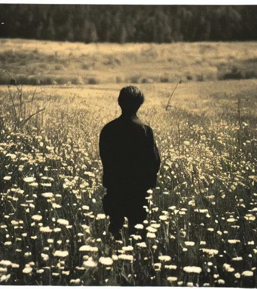 Image similar to mystical dark death god standing in tall meadow of flowers, distant, vintage film photo, grainy, high detail, high resolution