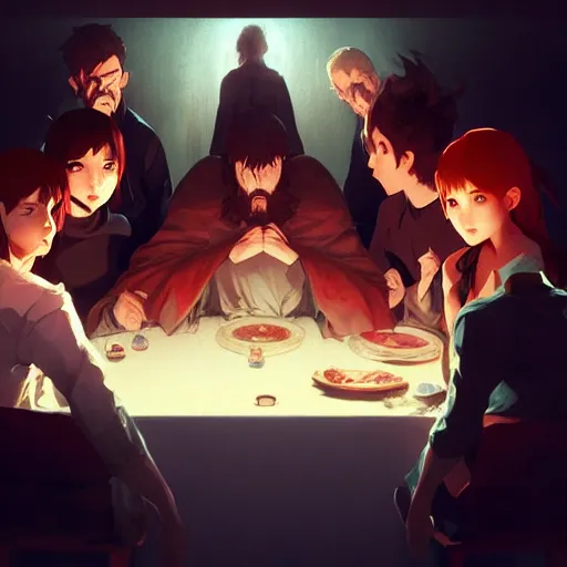 Image similar to the last supper 4 k, concept art, by wlop, ilya kuvshinov, artgerm, krenz cushart, greg rutkowski, pixiv. cinematic dramatic atmosphere, sharp focus, volumetric lighting, cinematic lighting, studio quality