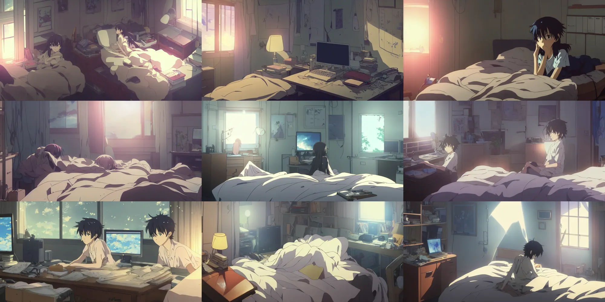 Prompt: an intimate close up of the detailed anime main character's atmospheric bedroom in the anime film by makoto shinkai; cinematic lighting and god rays, lit by a computer monitor; a computer desk, (books), messy clothes, anime lover, posters, toys, screenshot from the makoto shinkai anime