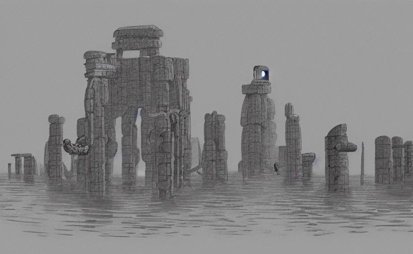 Image similar to a realistic cell - shaded studio ghibli concept art from paprika ( 2 0 0 6 ) of a flying intelligent dull grey mechanical octopus from close encounters of the third kind ( 1 9 7 7 ) in a flooded monument valley stonehenge. very dull colors, wide shot, hd, 4 k, hq