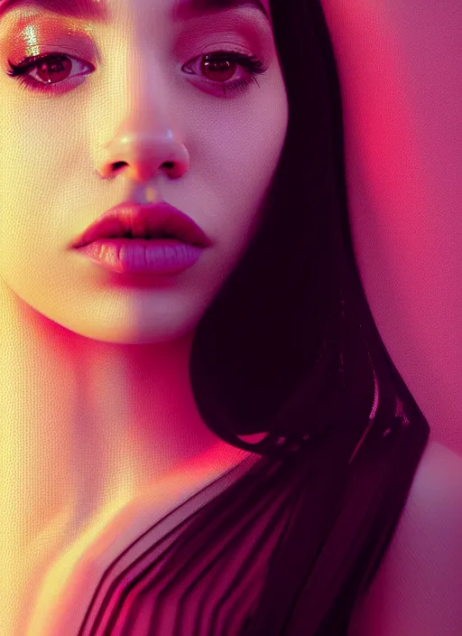 Image similar to beautiful female portrait, latina, rule of thirds, haze, intricate, symmetrical!!, makeup, maybelline, depth of field, cinematic, filmic, vsco, concept art, artstation, digital painting, elegant, model, gorgeous, vray, cinema 4 d, octane render, ambient occlusion, prism lights