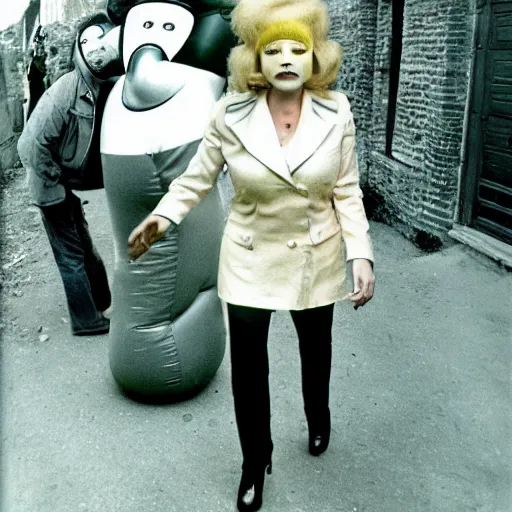 Image similar to 1976 glamorous middle aged woman wearing an inflatable toy head in a small village full of inflatable digestive organs, 1976 French film archival footage technicolor film expired film 16mm Fellini Doris Wishman new wave John Waters movie still