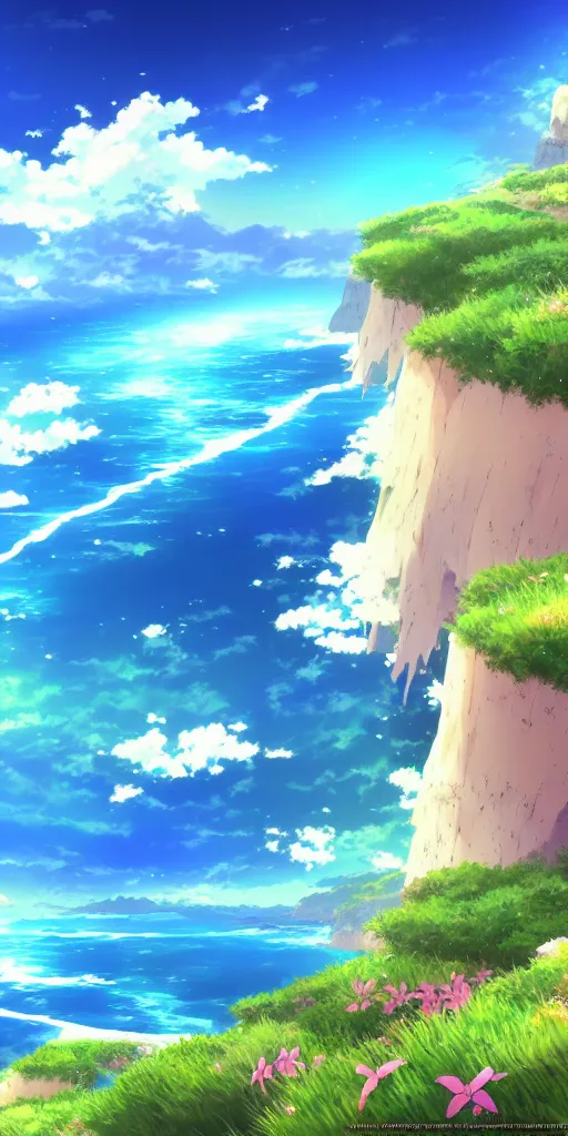 Image similar to A beautiful anime illustration of an ocean coast, cliffs, wildflowers, breathtaking clouds, wide angle, very detailed, deviantart, 4k vertical wallpaper, tropical, colorful, airy, anime illustration, anime nature wallpap