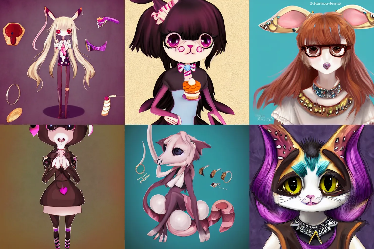 Prompt: 2d pr 3d or combined anthropomorphic exotic animal adoptable, dessert themed, many accessories such as collars, earrings, rings, bracelets, etc, male or female, symmetrical pose, full body, digital art, UHD, kawaii, Instagram character concept, by larienne. eellie, witchpaws,