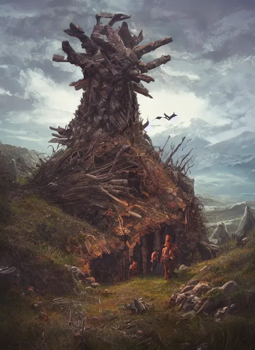 Image similar to giant chicken legs below witch hut, greg rutkowski, zabrocki, karlkka, jayison devadas, trending on artstation, 8 k, ultra wide angle, zenith view, pincushion lens effect