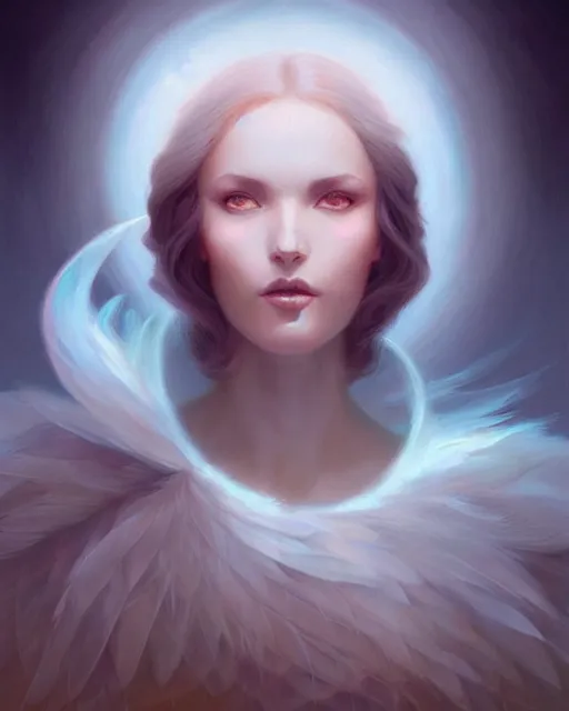 Image similar to elegant feathered beauty portrait cloaked in ethereal light, halo of light, fantasy art by artgerm, peter mohrbacher