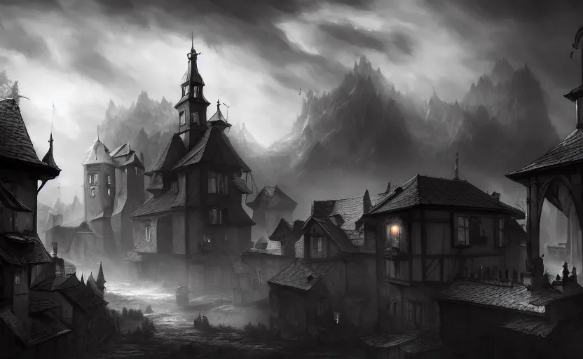 Image similar to extreme long shot concept art depicted old austrian enchanted town, dramatic mood, overcast mood, dark fantasy environment, league of legends, arcane, trending on artstation, unreal engine, golden ratio, spectacular composition, realistic architecture