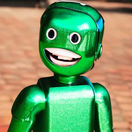 Image similar to real life photo of a shiny little green robot smiling