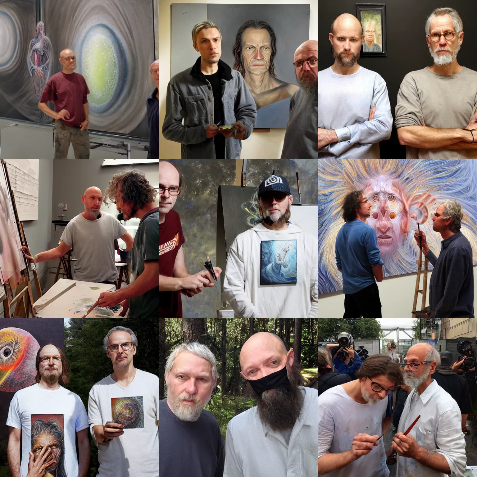 Image similar to painters Alex Grey together with painter Greg Rutkowski looking in the camera at the people who stole their job