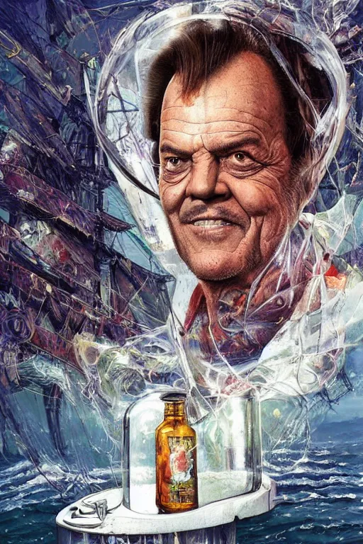 Prompt: a ship in a bottle but instead of a ship it is jack nicholson in the bottle, painting by android jones and artgerm and greg rutkowski