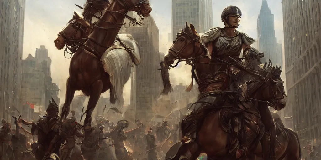 Prompt: Roman Empire legionary invading modern day New York City by Charlie Bowater and Pierre Auguste Cot