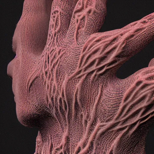 Image similar to a face is covered in rows of fractal human hands, thousands of tiny fractal fingers, octane render, subsurface scattering, intense lighting