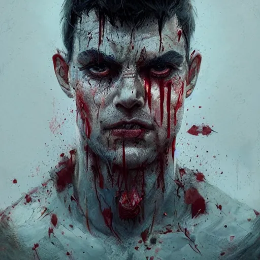 Prompt: close-up, symmetrical, portrait of man, bloody, bruised, scarred, marvel art, art by greg rutkowski, matte painting, trending on artstation