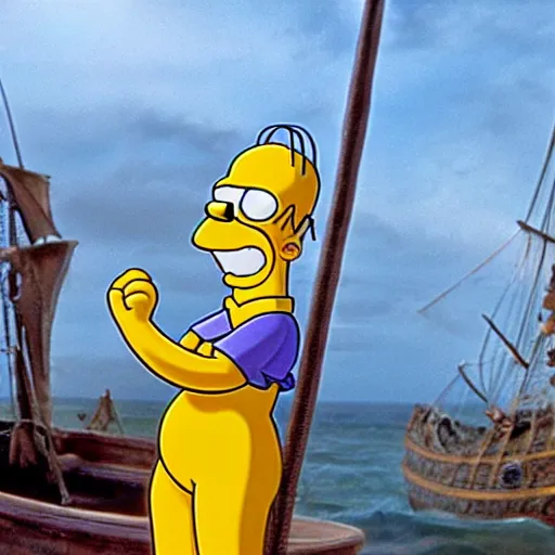 Prompt: A still of Homer Simpson in Pirates of the Caribbean: The Curse of the Black Pearl (2001)