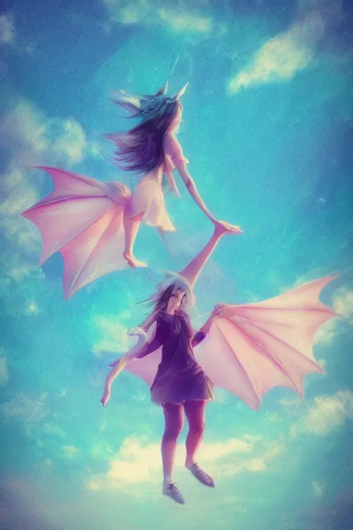 Image similar to a magical dragon making a girl fly in the sky without wings, they are in the edge of a beautiful hill, aesthetic, pastel filter, pastel effect, pastel style, 2 d art