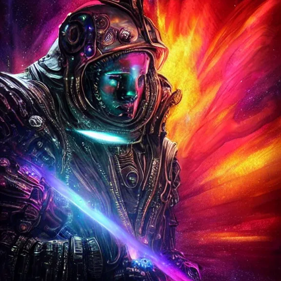 Prompt: Epic dark gritty space scene featuring the iridescent cloaked hooded warrior partially cybernetic entity god of future technology wielding cosmic weaponry, ornate galactic gold, intricate, ornate, gothic, colorful, vibrant, smooth, moody, ominous and intense, crystallic, iridescent, lasers, gems, multicolored glints, precious elements, beautiful, detailed, concept art, render, unreal engine, 4K, artstation