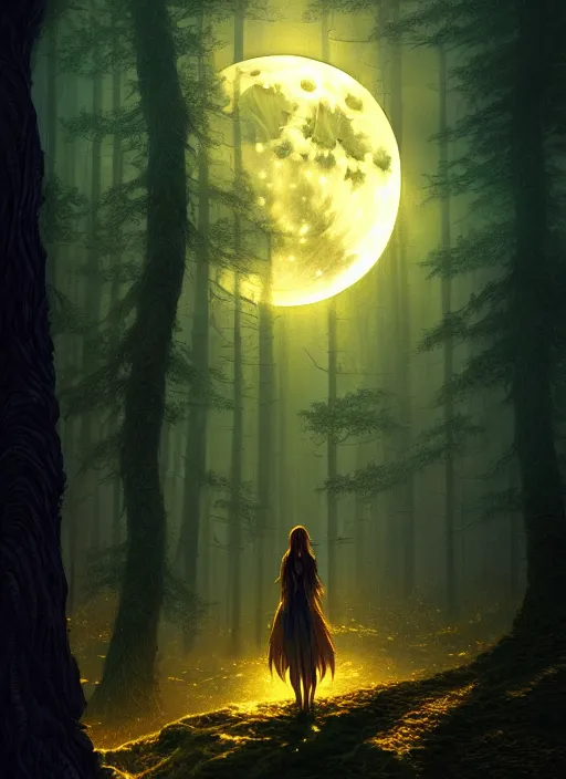 Image similar to fantasy book cover, full moon, fantasy forest landscape, golden vector elements, fantasy magic, dark light night, intricate, elegant, sharp focus, illustration, highly detailed, digital painting, concept art, matte, art by WLOP and Artgerm and Albert Bierstadt, masterpiece