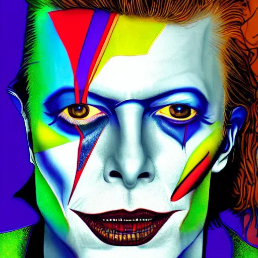 Image similar to an extremely psychedelic portrait of david bowie as the joker, surreal, lsd, face, detailed, intricate, elegant, lithe, highly detailed, digital oth, sharp focus, illustration,