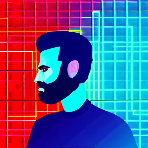 Prompt: portrait of a man with black hair and beard, synthwave, vector style, geometric random shapes and angles, red and blue lighting, neon, robot, futurism, virtualreality, modernist, cyberpunk h 6 4 0