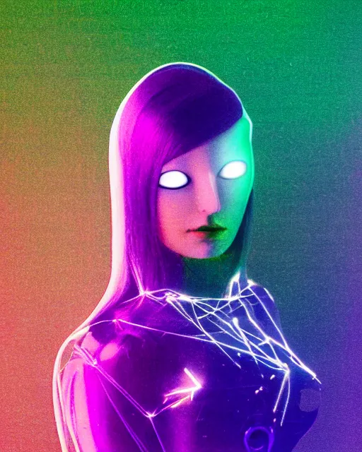 Image similar to featureless serene robotic woman's face, long metallic hair, dark makeup, violet and yellow and green and blue lighting, polaroid photo, 1 9 8 0 s cgi, atmospheric, whimsical and psychedelic, grainy, expired film, super glitched, corrupted file, ghostly, bioluminescent glow, sci - fi