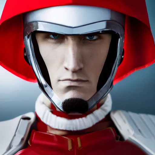 Image similar to headshot of a tall athletic muscular infantry man in glossy sleek white armor with tiny red details and a long red cape, heroic posture, strong jawline, on the surface of mars, night time, dramatic lighting, cinematic, sci-fi, hyperrealistic