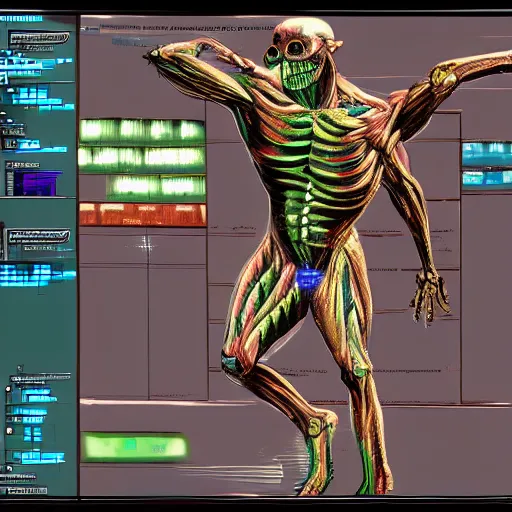 Prompt: Anatomical analysis of a demon on an advanced computer, System Shock 2