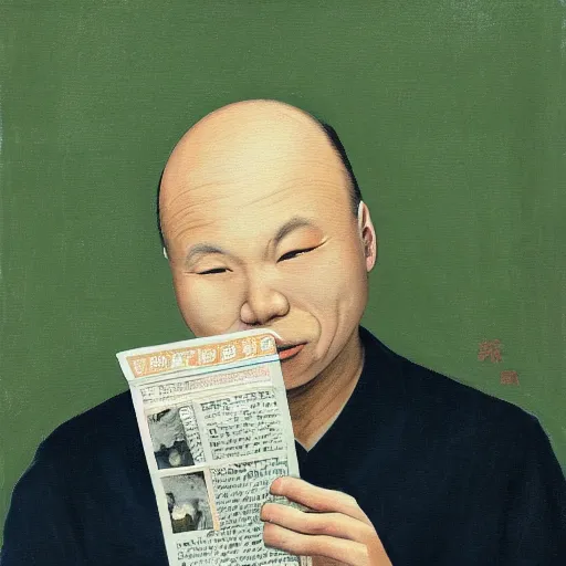 Prompt: painting of a japanese balding man with gray hair, holding a newspaper and looking up at his room with green hue