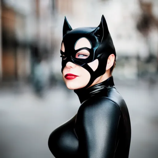Image similar to portrait photo still of real life catwoman, 8 k, 8 5 mm f 1. 8