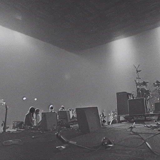 Prompt: concert photograph of death grips, dj ride, death grips, playing a concert in a desolate brutalist wasteland, painted by zdzislaw beksinski