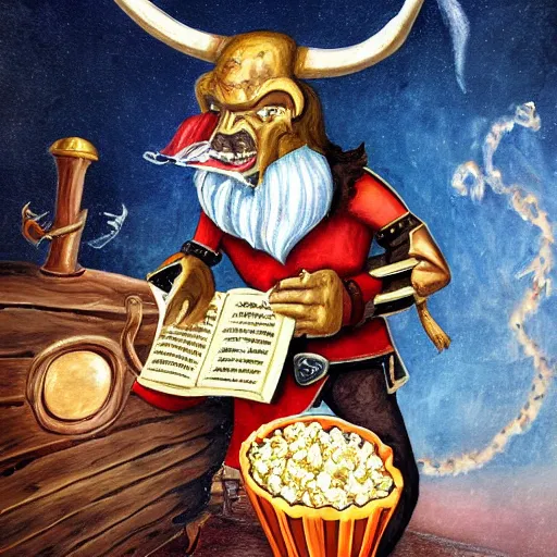 Image similar to a minotaur pirate captain on his ship with a popcorn machine and his book of spells, detailed fantasy painting