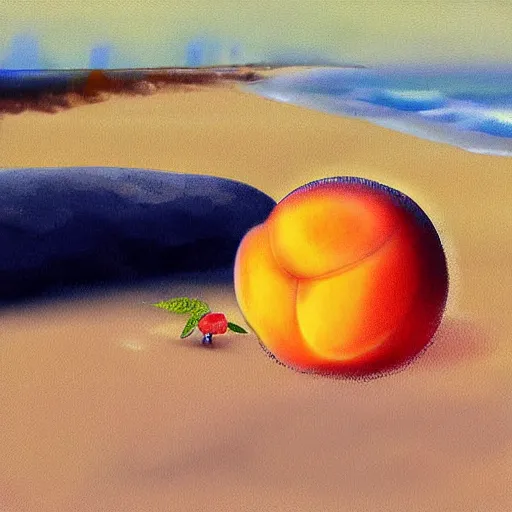 Prompt: A peach with eyelashes and legs walking on the beach, digital art