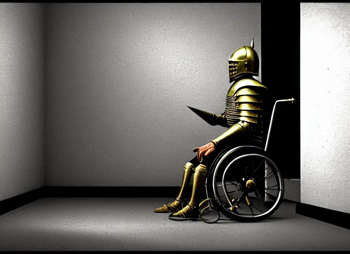 Image similar to knight in armor in a wheelchair do tricks watch old tv, rome, highly detailed, soft lighting, elegant, works by edward hopper and james gillard, zdislaw beksinski, stephen outram, andreas m wiese, highly detailed, masterpiece. rendered in blender, smooth shadows, ultra detail, high resolution, unreal 6, 8 k