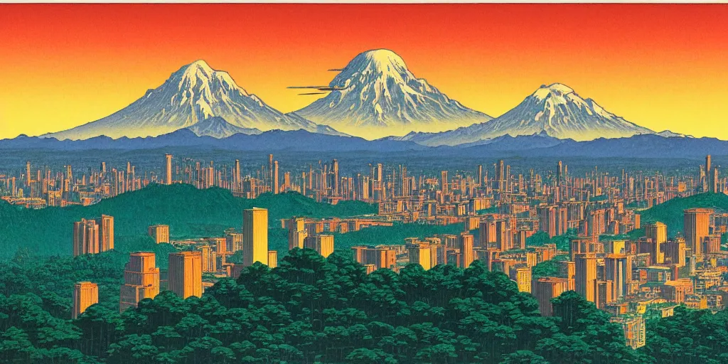 Image similar to skyline of a large metropolis, mount rainier looming in the background, acid and dreaming psychedelic hallucinations, by kawase hasui, moebius and edward hopper, hd, 8 k, artstation, sharp focus, smooth, masterpiece