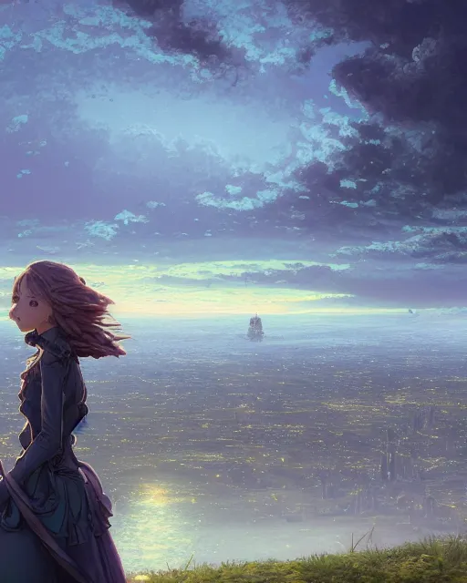 Prompt: over the shoulder landscape painting of violet evergarden, behind her is a distant old european city lights next to the reflecting ocean, nighttime, by Philipp A. Urlich and Pengzhen Zhang and Andreas Rocha, fantasy, intricate, elegant, highly detailed, digital painting, artstation, blender, unreal engine 5, octane render, smooth, sharp focus, illustration