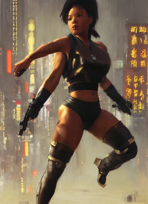 Prompt: black chun li doing high kick. cyberpunk police trooper in a military vest ( blade runner 2 0 4 9, cyberpunk 2 0 7 7 ). orientalist portrait by john william waterhouse and james gurney and theodore ralli and nasreddine dinet, oil on canvas. cinematic, hyper realism, realistic proportions, dramatic lighting, high detail 4 k